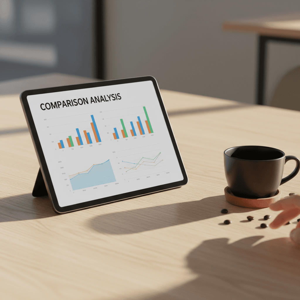 Close-up of a tablet showing blurred comparison charts on a desk next to coffee