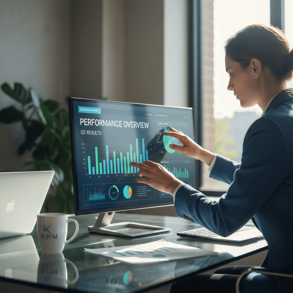 Consultant optimizing AI systems and reviewing performance dashboards