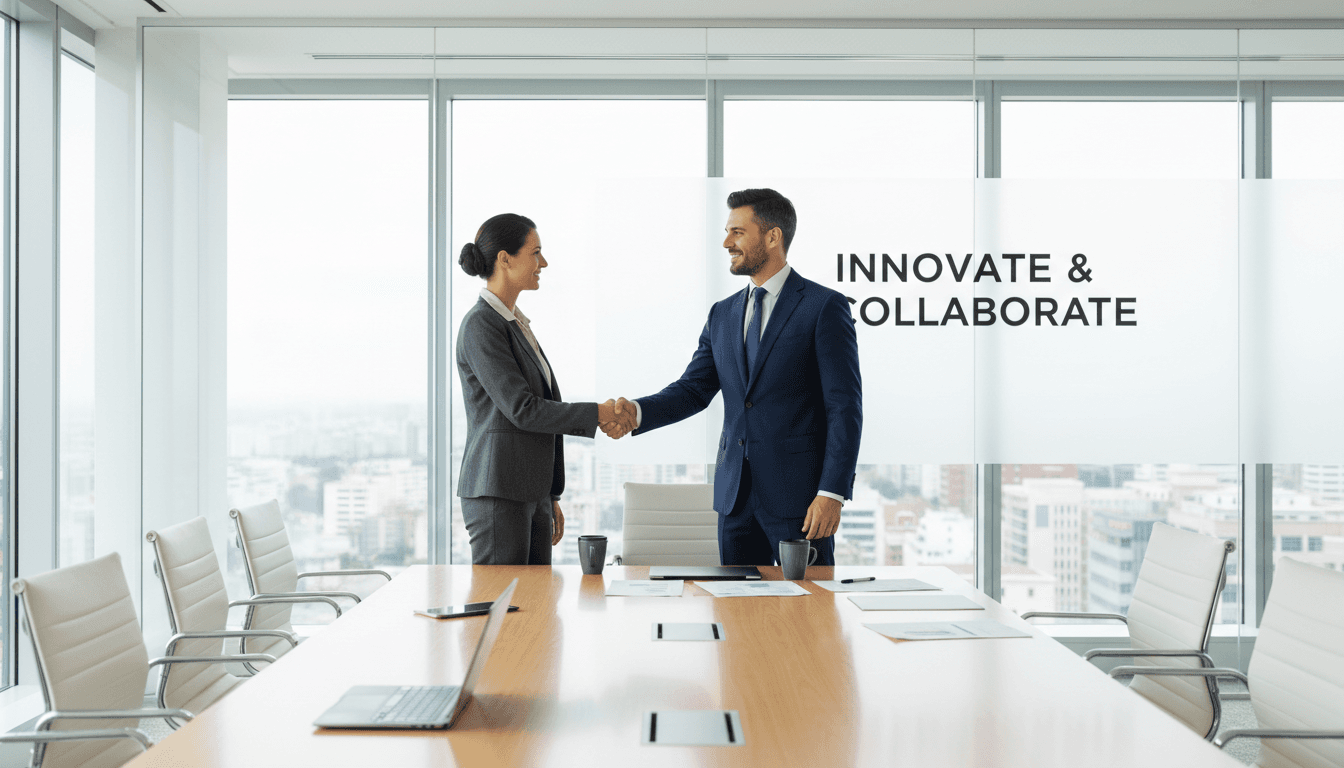 entrepreneur shaking hands with new client in modern meeting room