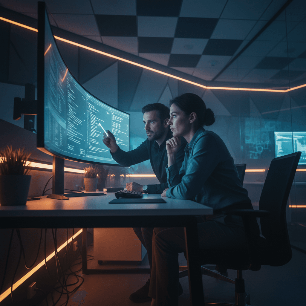 Two developers reviewing code on a large monitor in a modern office