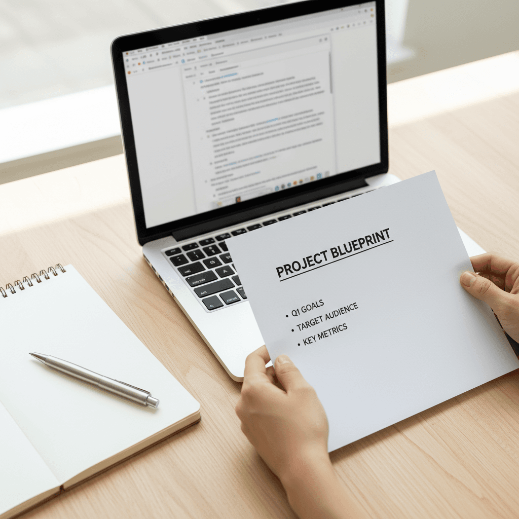 Hands placing a printed prompt template next to a laptop on a clean desk