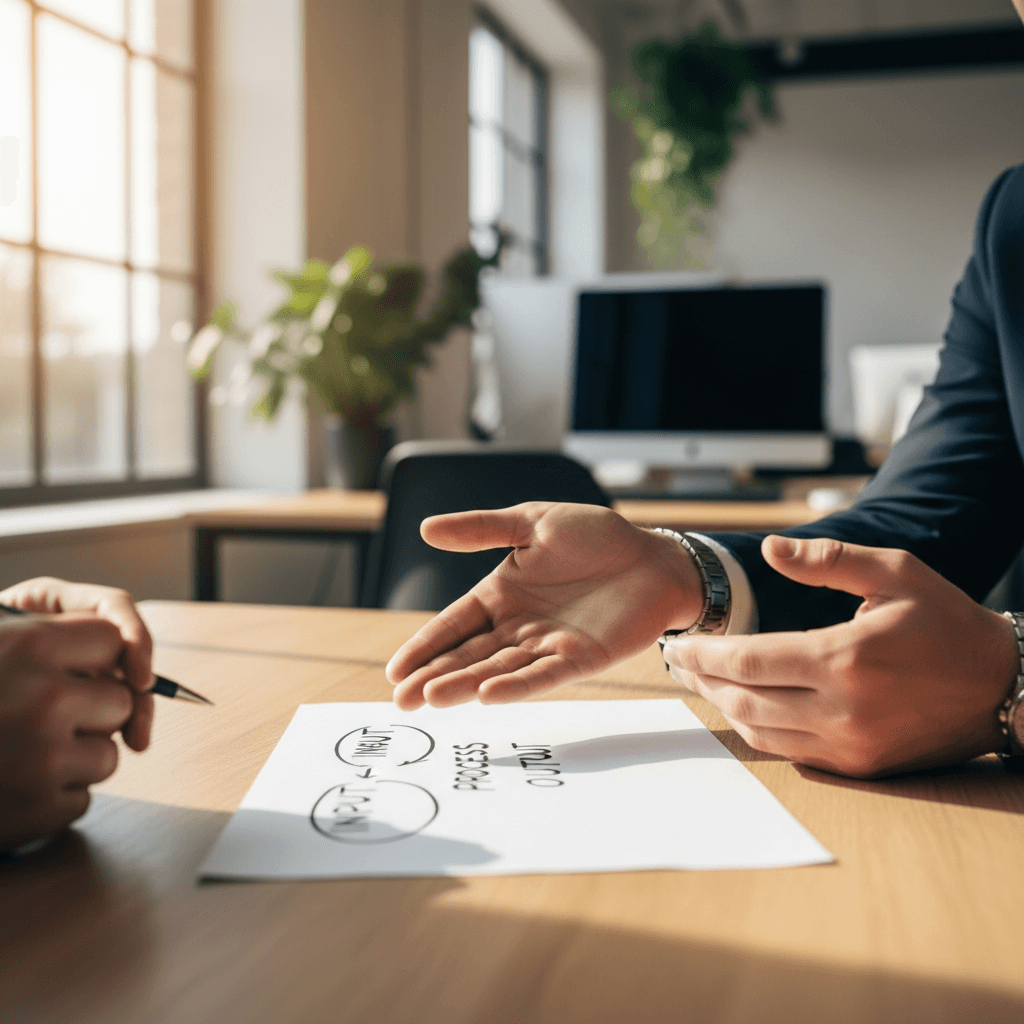 Consultant explaining a workflow diagram on paper during a one-on-one coaching session