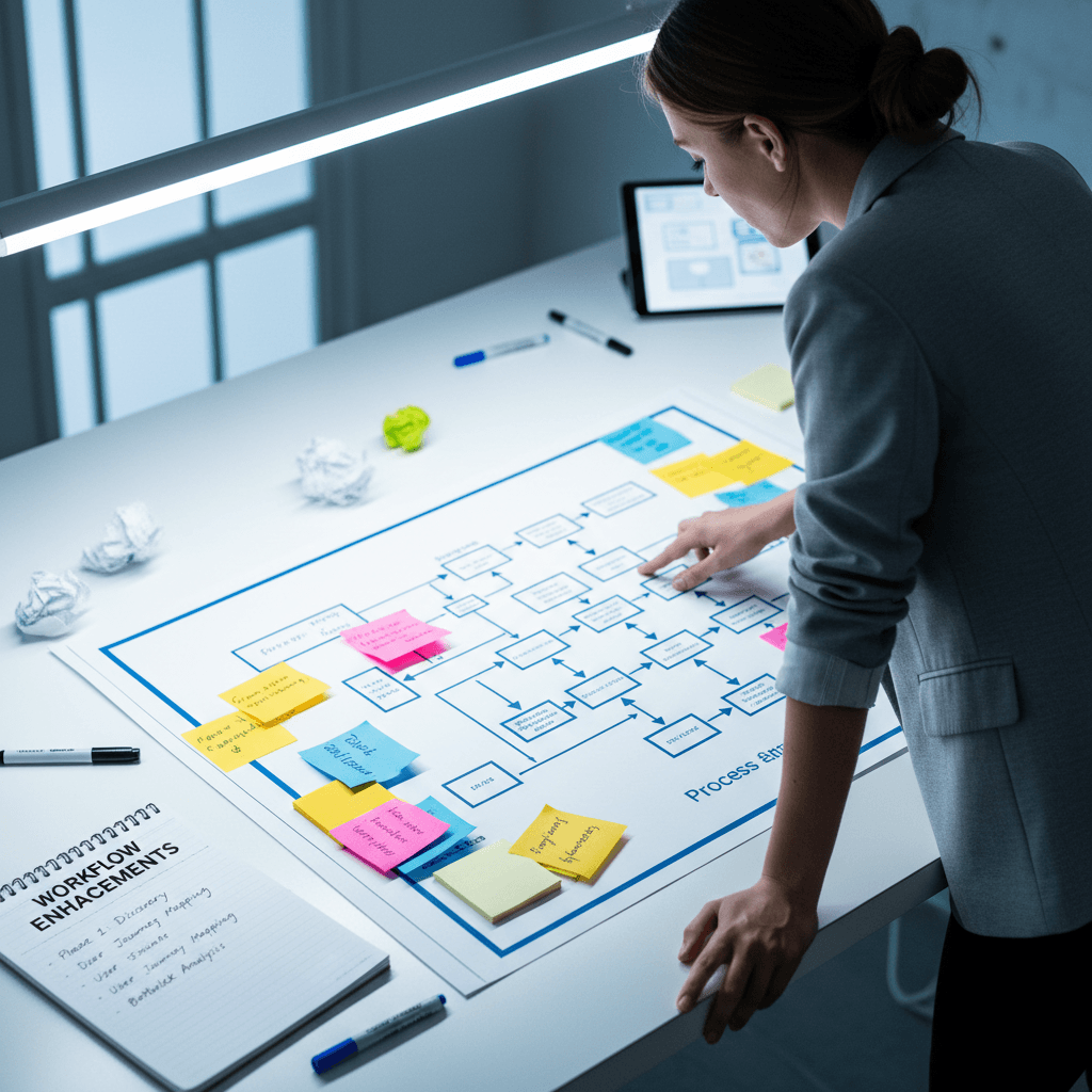 Consultant reviewing a process map with sticky notes on a table