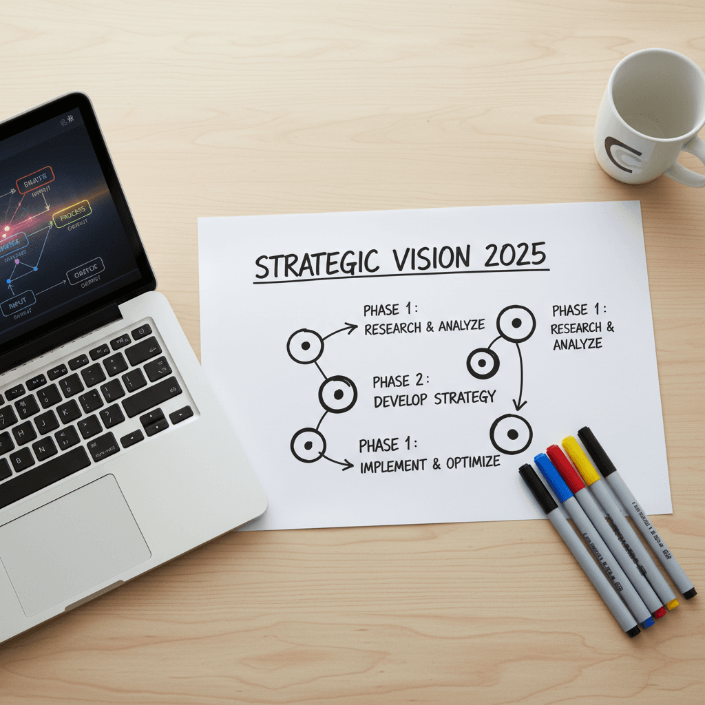 Strategic AI roadmap sketched on paper with markers and a laptop nearby