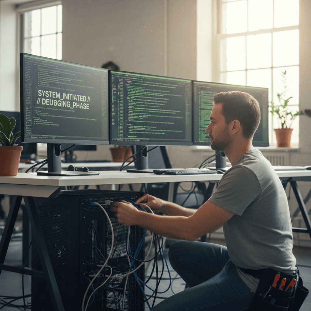 AI specialist configuring systems with multiple monitors displaying code