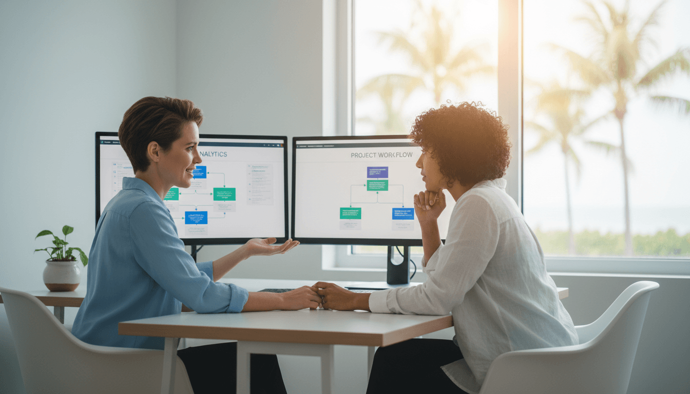 AI consultant reviewing a workflow plan with a small business owner in a bright office