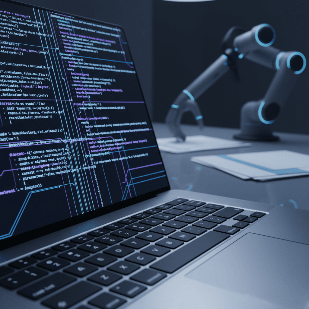 Automated workflow process visualized with digital code and robotic precision