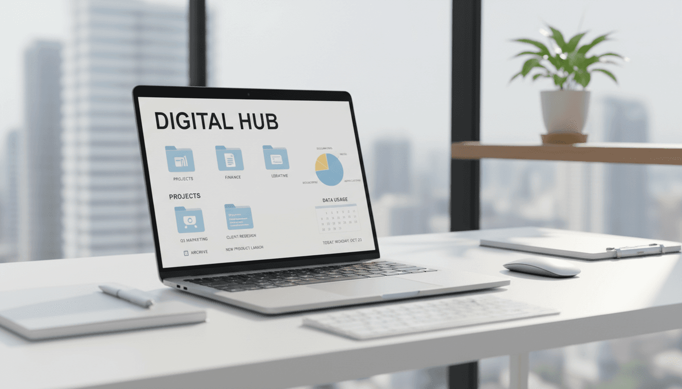 professional organizing digital files and data on laptop screen in minimalist office