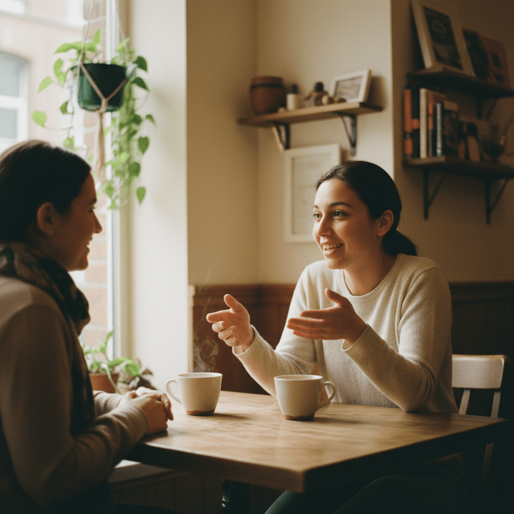 Two people having an honest conversation at a table