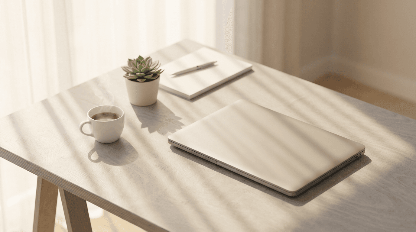 Modern glass desk with a laptop and notebook in a bright office