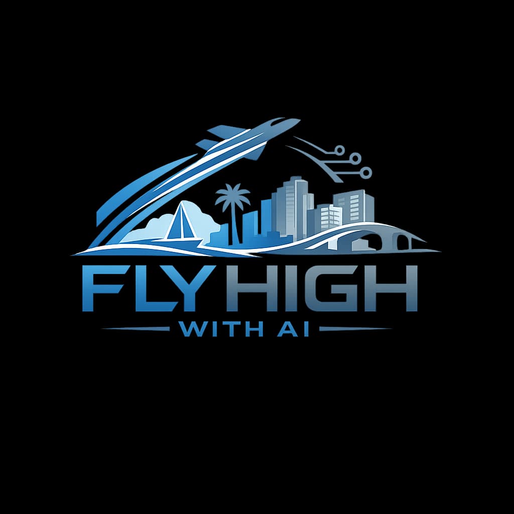 Blue logo with an airplane, circuit trail, city skyline, and text "FLY HIGH WITH AI".